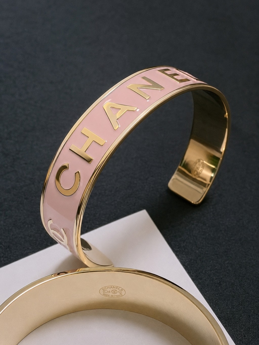 Chanel Pink & Gold Open Wide Cuff Bracelet- pre owned -1 owner- ca usa